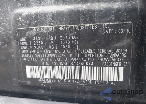 2010 Subaru Legacy 2.5I Premium из США, поврежденный, VIN 4S3BMBF68A3240644